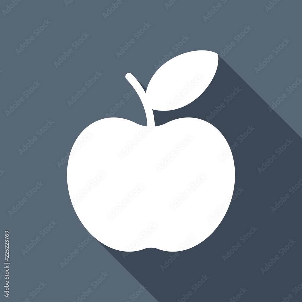 Simple apple icon. White flat icon with long shadow on backgroun Simple apple icon. White flat icon with long shadow on backgroun