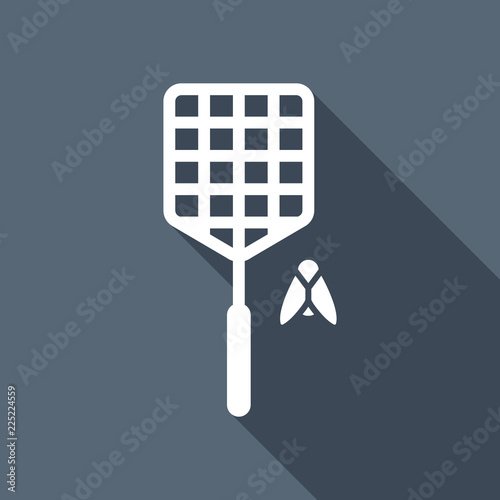 Fly swatter and insect. Simple icon. White flat icon with long s