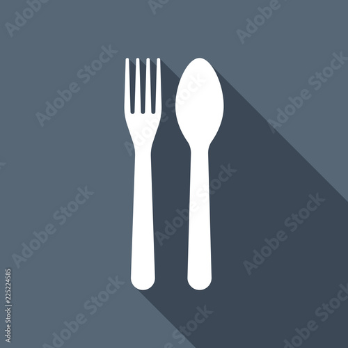 Fork and spoon  icon. Kitchen tools. White flat icon with long s