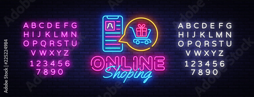 Online Shoping neon banner vector design template. Mobile paymentsneon logo, light banner design element colorful modern design trend, night bright advertising. Vector. Editing text neon sign
