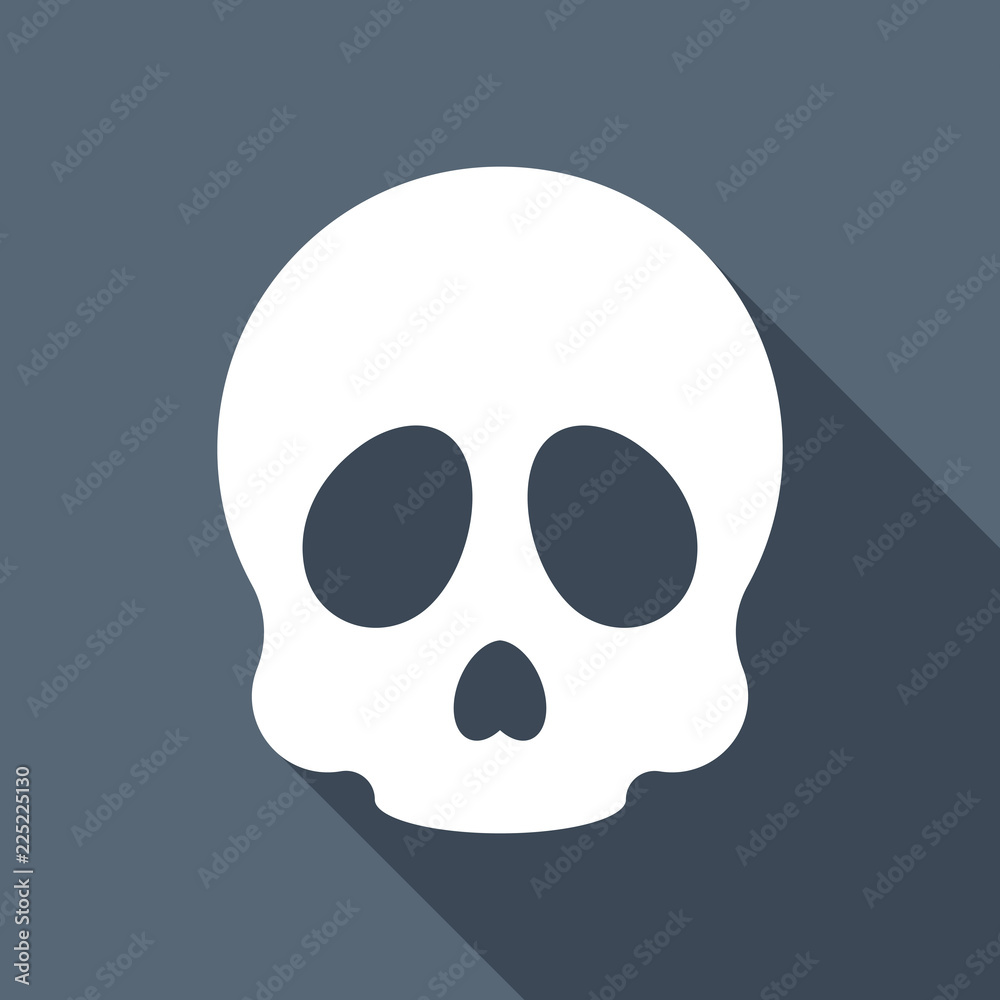 Simple skull icon. White flat icon with long shadow on backgroun Simple skull icon. White flat icon with long shadow on backgroun