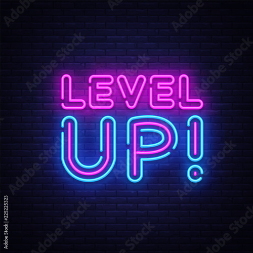 Level Up Neon Text Vector. Level Up neon sign, design template, modern trend design, night neon signboard, night bright advertising, light banner, light art. Vector illustration