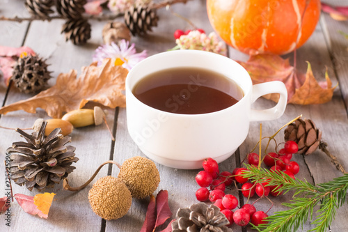 Cup of tea, autumn leaves, berries, cones, pumpkin