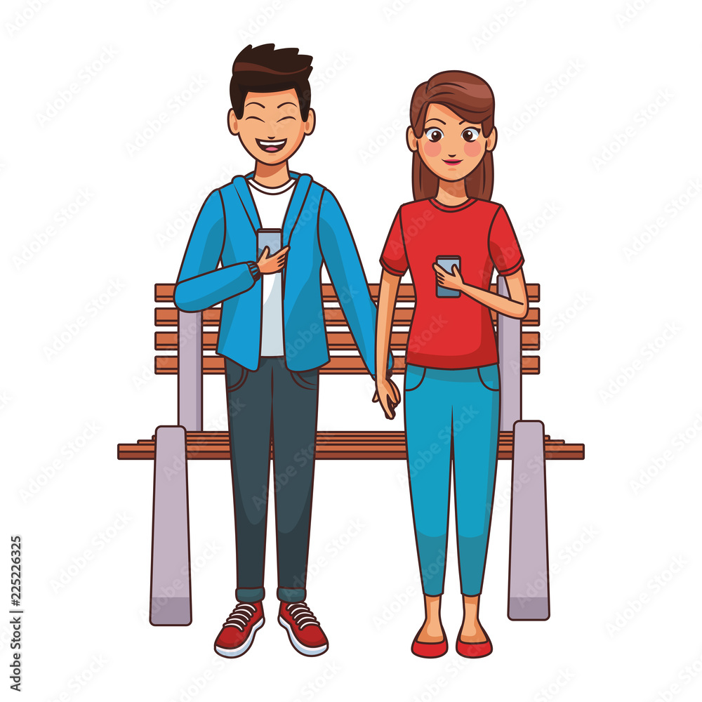 Couple using smartphones on bench Couple using smartphones on bench