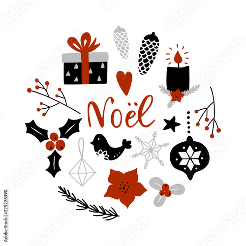 Noel, merry Christmas on french. Circle composition with Christmas decoration attributes. Vector illustration.