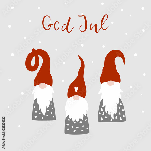 Greeting card with cute scandinavian gnomes, snowflakes and text God Jul , in English Merry Christmas. Tomte gnome illustration. Happy New Year vector design template.