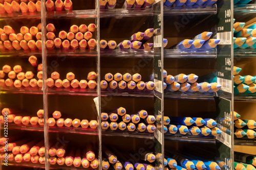 Rows of color pencil categorized in a shop
