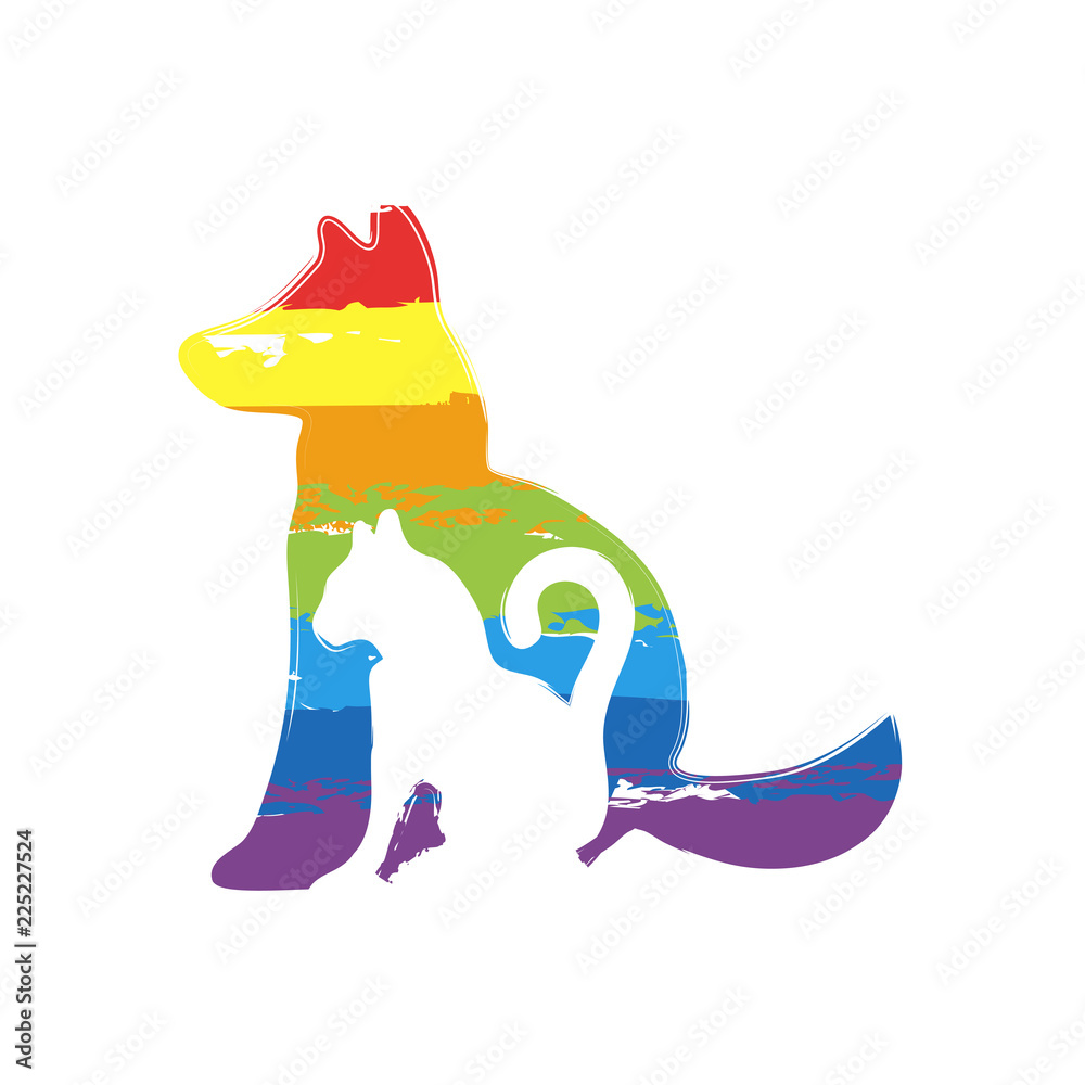 cat and dog icon. Drawing sign with LGBT style, seven colors of rainbow (red, orange, yellow, green, blue, indigo, violet