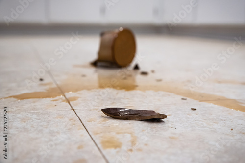 Shattered Clay Coffee Mug on Kitchen Floor