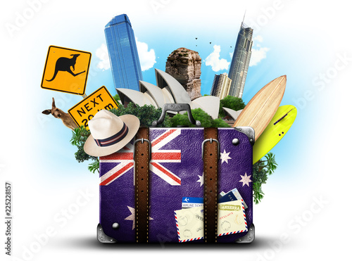 Canvas Print Australia, retro suitcase with hat and attractions Australia