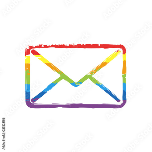 mail close icon. Drawing sign with LGBT style, seven colors of rainbow (red, orange, yellow, green, blue, indigo, violet