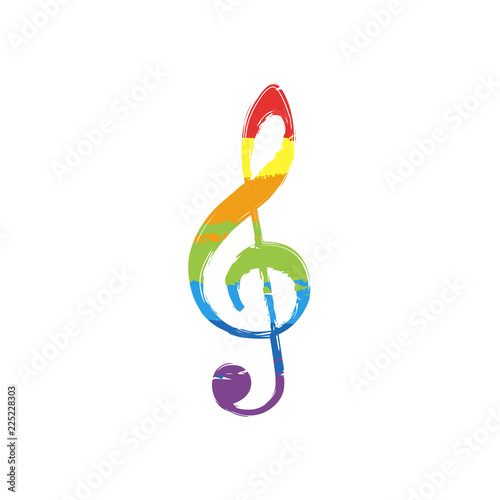 Simple icon of treble key. Drawing sign with LGBT style, seven colors of rainbow (red, orange, yellow, green, blue, indigo, violet