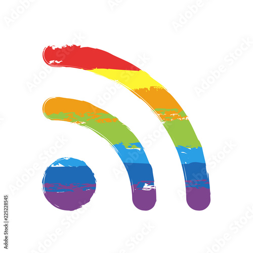 RSS icon. Drawing sign with LGBT style, seven colors of rainbow (red, orange, yellow, green, blue, indigo, violet