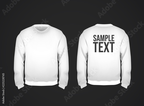 White men's sweatshirt template with sample text front and back view. Hoodie for branding or advertising.