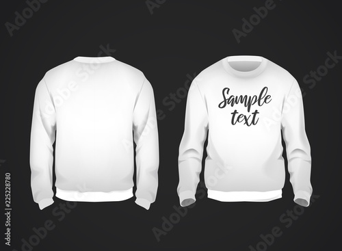 White men's sweatshirt template with sample text front and back view. Hoodie for branding or advertising.