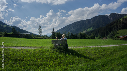 Tirol Alpen Alm Wiese Bench Mother Douther Women  photo