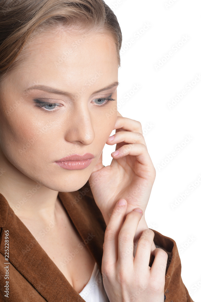 Pensive young woman isolated on white background Pensive young woman isolated on white background
