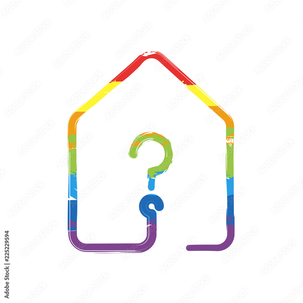 house with question mark icon. line style. Drawing sign with LGBT style, seven colors of rainbow (red, orange, yellow, green, blue, indigo, violet house with question mark icon. line style. Drawing sign with LGBT style, seven colors of rainbow (red, orange, yellow, green, blue, indigo, violet