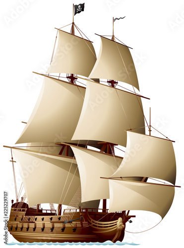 Pirate Ship runs downwind, sailing ship under the Jolly Roger black flag, Age of Discovery