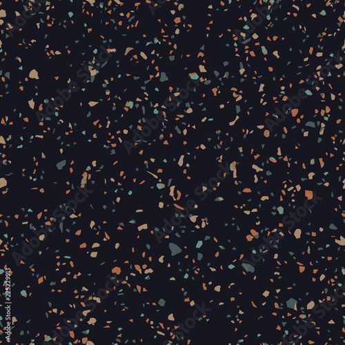 Terrazzo flooring texture. Vector seamless pattern of mosaic floor surface with natural stone chips, granite, marble, colored glass and concrete. Trendy background in dark colors, green, brown, black