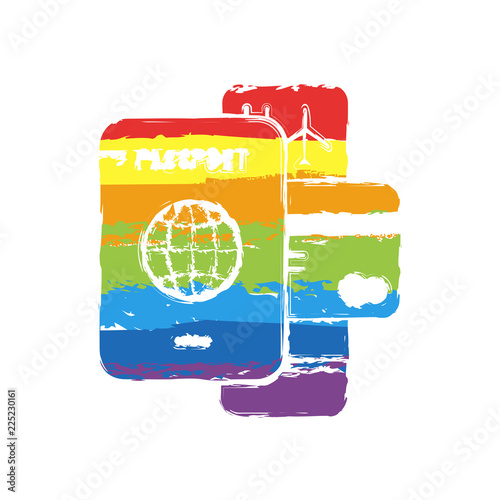 passport, ticket, credit card. air travel concept. Drawing sign with LGBT style, seven colors of rainbow (red, orange, yellow, green, blue, indigo, violet