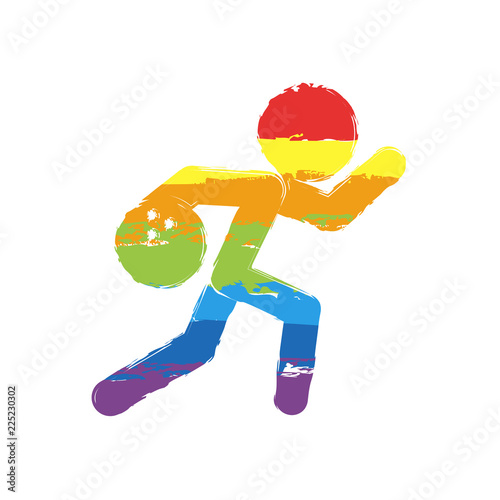 running man, bowling icon. Drawing sign with LGBT style, seven colors of rainbow (red, orange, yellow, green, blue, indigo, violet
