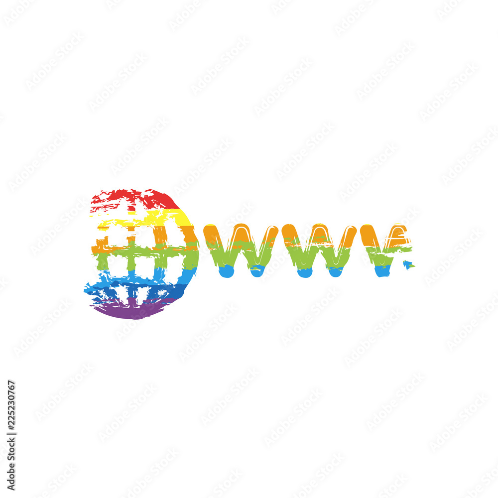 symbol of internet with globe and www. Drawing sign with LGBT style, seven colors of rainbow (red, orange, yellow, green, blue, indigo, violet
