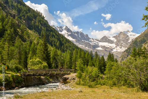 Panorama di montagna con campi, ruscello con ponte, foreste e cime innevate in estate, parco nazionale del Gran Paradiso, Valle d'Aosta, Alpi Italiane