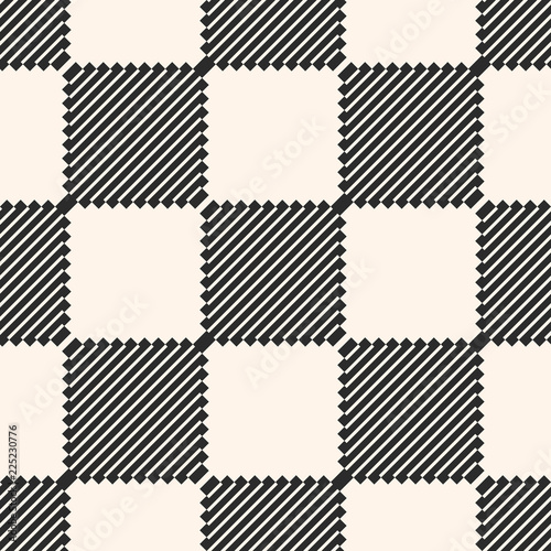 Vector geometric seamless pattern with stripes, diagonal lines, squares. Abstract black and white checkered texture. Minimal monochrome background. Repeat design for decor, fabric, carpet, wrapping