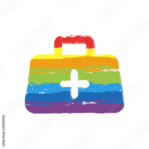 first-aid kit, simple icon. Drawing sign with LGBT style, seven colors of rainbow (red, orange, yellow, green, blue, indigo, violet
