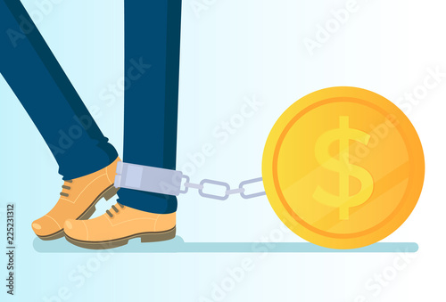 Big golden coin tied to leg with chains. Money credit wealth dependance addiction. Vector flat cartoon isolated illustration