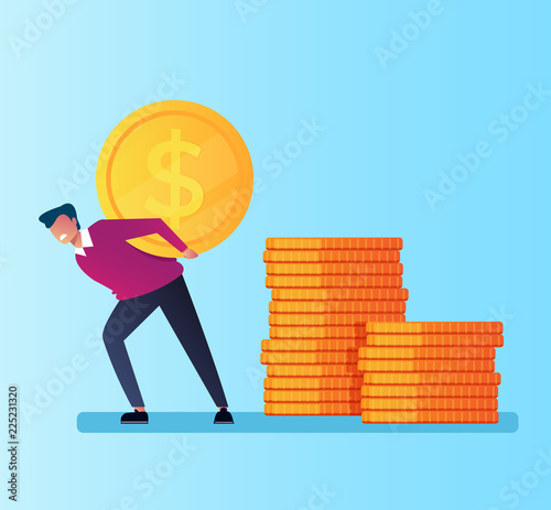 Businessman office worker manager man character holding carry big golden coin. Money credit wealth dependance addiction. Vector flat cartoon isolated illustration