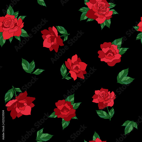 Tablou pe pânză Hand drawn elegant red roses tossed on black