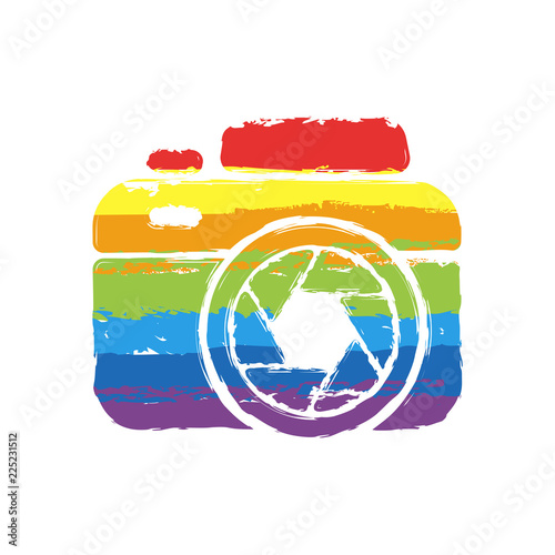 Photo camera with shutter, simple icon. Drawing sign with LGBT style, seven colors of rainbow (red, orange, yellow, green, blue, indigo, violet