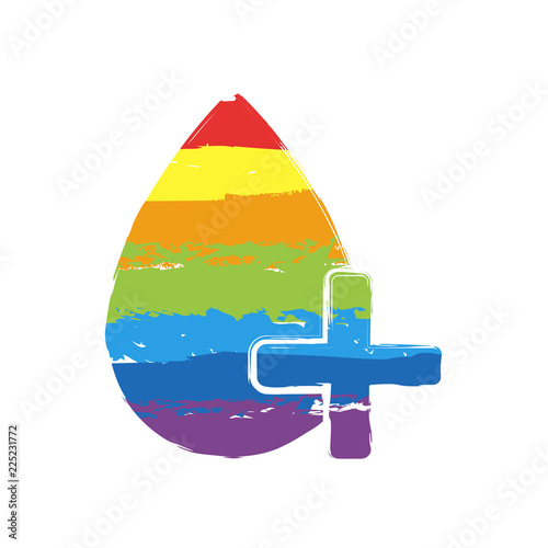 drop of blood and medical cross. simple icon. Drawing sign with LGBT style, seven colors of rainbow (red, orange, yellow, green, blue, indigo, violet