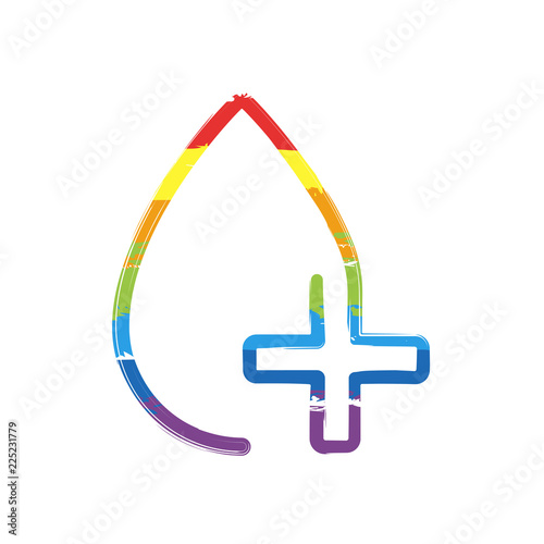 drop of blood and medical cross. linear symbol with thin outline. one line style. Drawing sign with LGBT style, seven colors of rainbow (red, orange, yellow, green, blue, indigo, violet