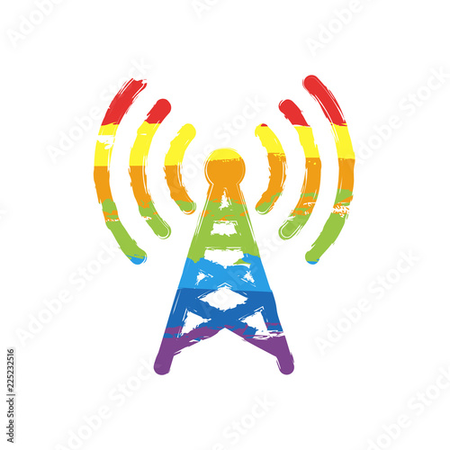 Radio tower icon. Linear style. Drawing sign with LGBT style, seven colors of rainbow (red, orange, yellow, green, blue, indigo, violet