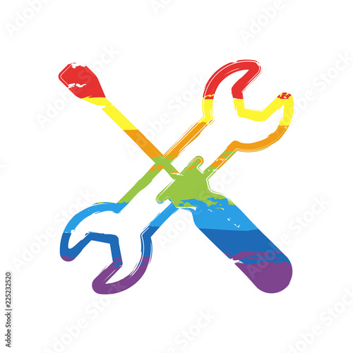 Repair service, wrench and screwdriver, tools. Drawing sign with LGBT style, seven colors of rainbow (red, orange, yellow, green, blue, indigo, violet