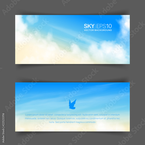 Narrow horizontal vector banners with realistic beige-blue sky and cumulus clouds. The image can be used to design a flyer and postcard.