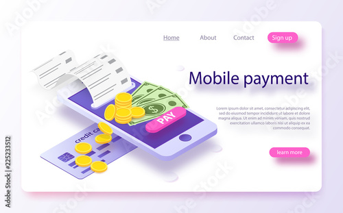 Isometric online payment online concept. Concept of mobile payments, personal data protection.