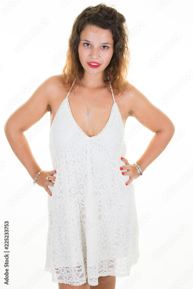 Pretty smiling young woman in white summer dress Isolated on white background Pretty smiling young woman in white summer dress Isolated on white background