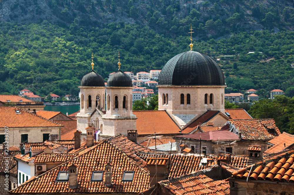 A view over the rooftops and dominant St. Nicholas Church Domes in Kotor, Montenegro