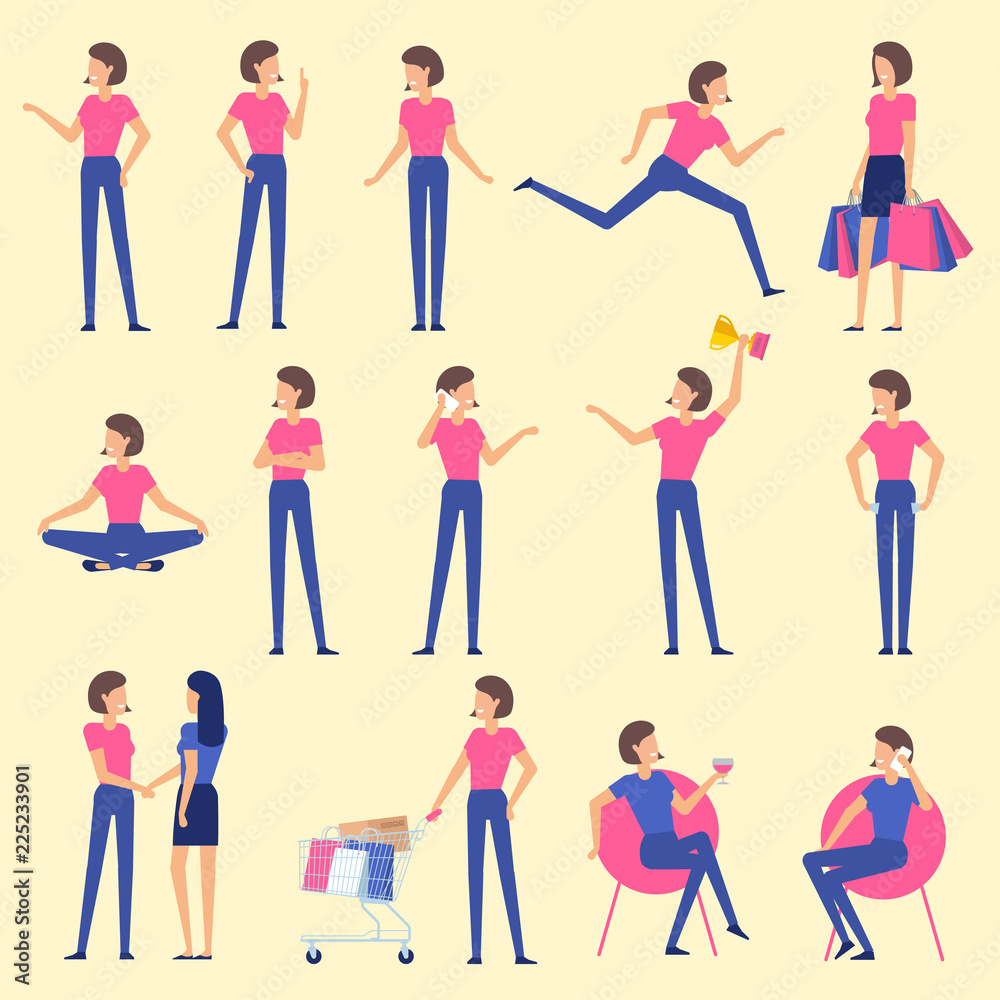 Set flat design woman character animation poses