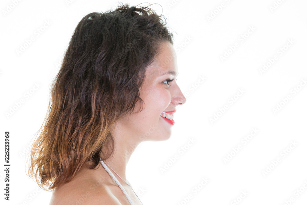 Adorable young woman with long curly hair and wonderful smile profile Adorable young woman with long curly hair and wonderful smile profile