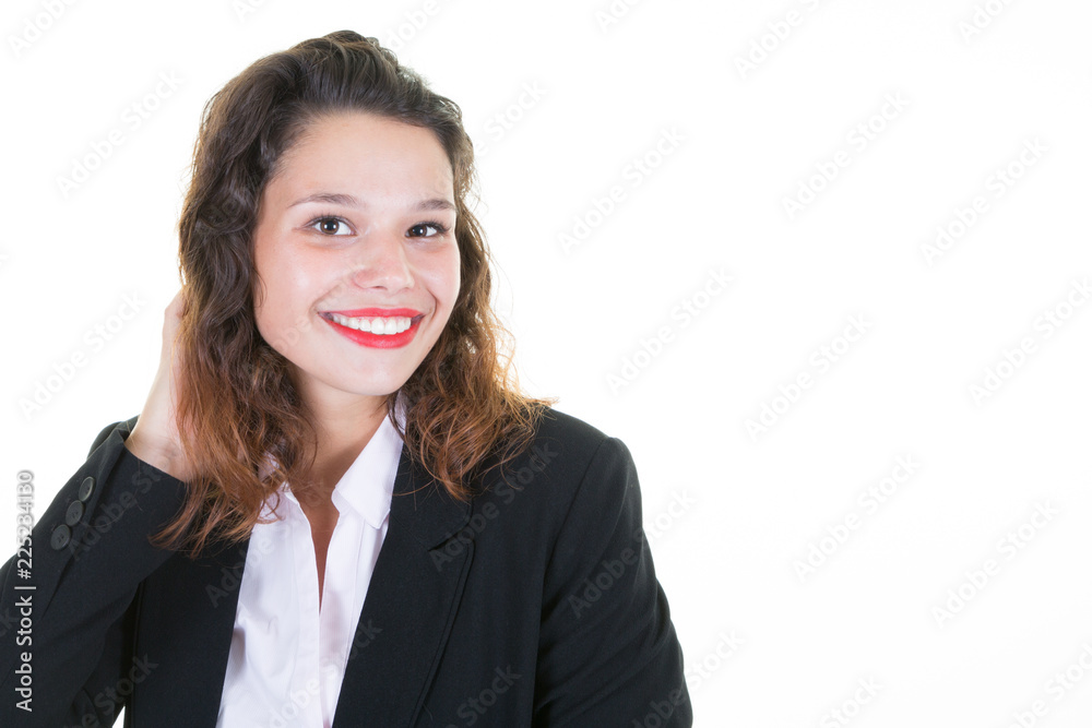 confident young businesswoman in suit jacket hands on hairs on white background confident young businesswoman in suit jacket hands on hairs on white background