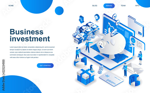 Modern isometric design concept of Business Investment for website and mobile website development. Isometric landing page template. Analysis of sales, statistic growth data. Vector illustration.