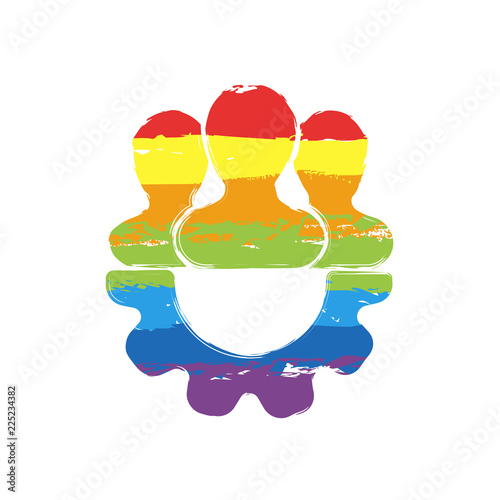 Team, technical support, few person and gear. Drawing sign with LGBT style, seven colors of rainbow (red, orange, yellow, green, blue, indigo, violet