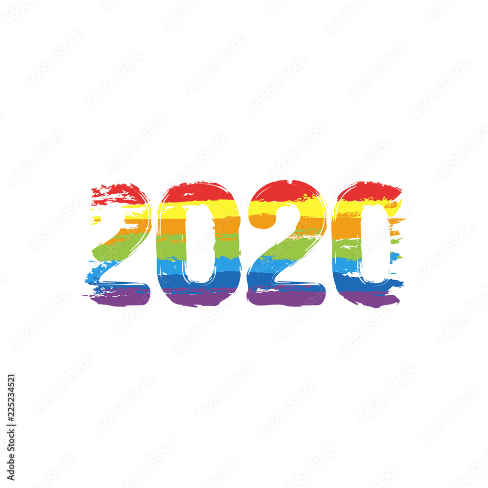 2020 number icon. Happy New Year. Drawing sign with LGBT style, seven colors of rainbow (red, orange, yellow, green, blue, indigo, violet