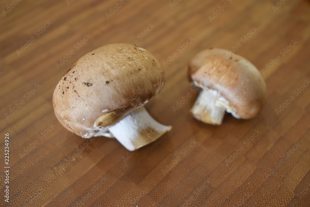 Closeup of mushrooms with a wooden background Closeup of mushrooms with a wooden background