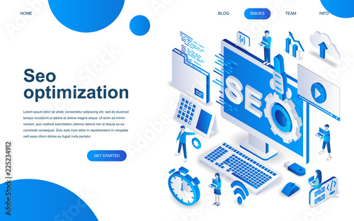 Modern isometric design concept of SEO Analysis for website and mobile website development. Isometric landing page template. Search engine optimization, strategies and marketing. Vector illustration.